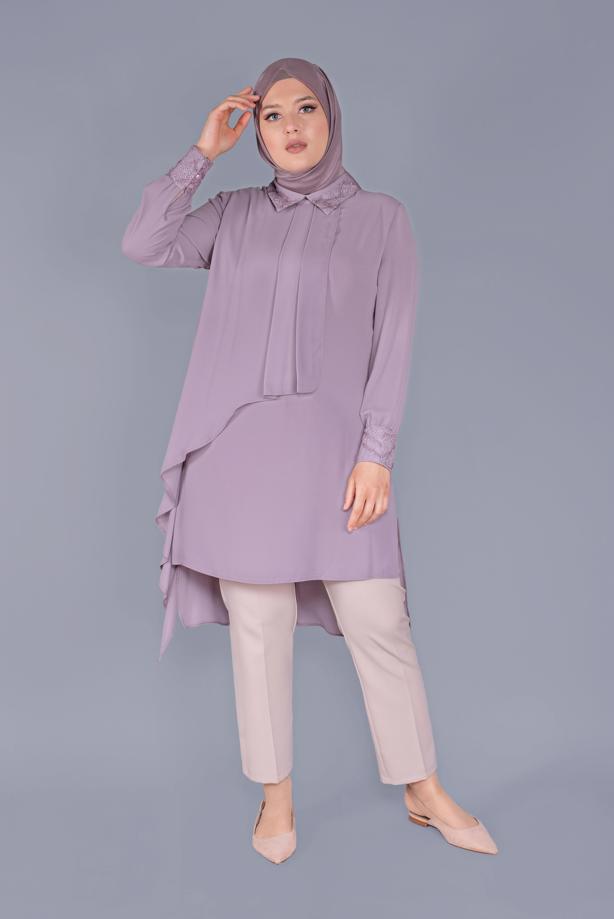 Vêtements hijab POURPRE ALVİNA TUNIQUE BRODÉE À VOLANTS 20054 - TRENDTESETTÜR