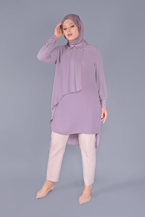Vêtements hijab POURPRE ALVİNA TUNIQUE BRODÉE À VOLANTS 20054 - TRENDTESETTÜR