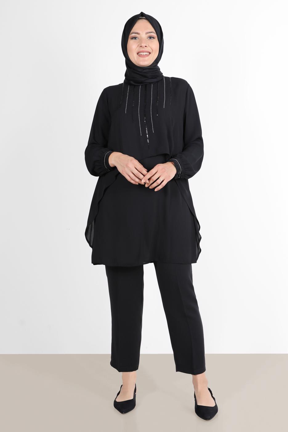 Tesettür giyim SİYAH ALVİNA TAŞ DETAYLI TUNİK 20065