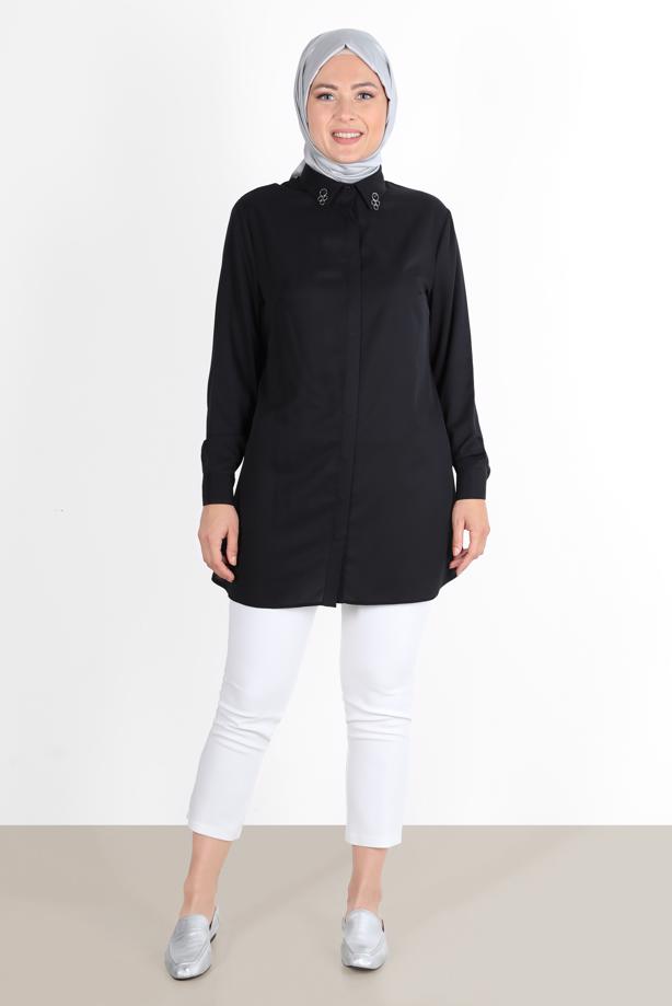 Vêtements hijab NOIR ALVİNA TUNIQUE AVEC COL DÉTAIL GEM 2860 - TRENDTESETTÜR