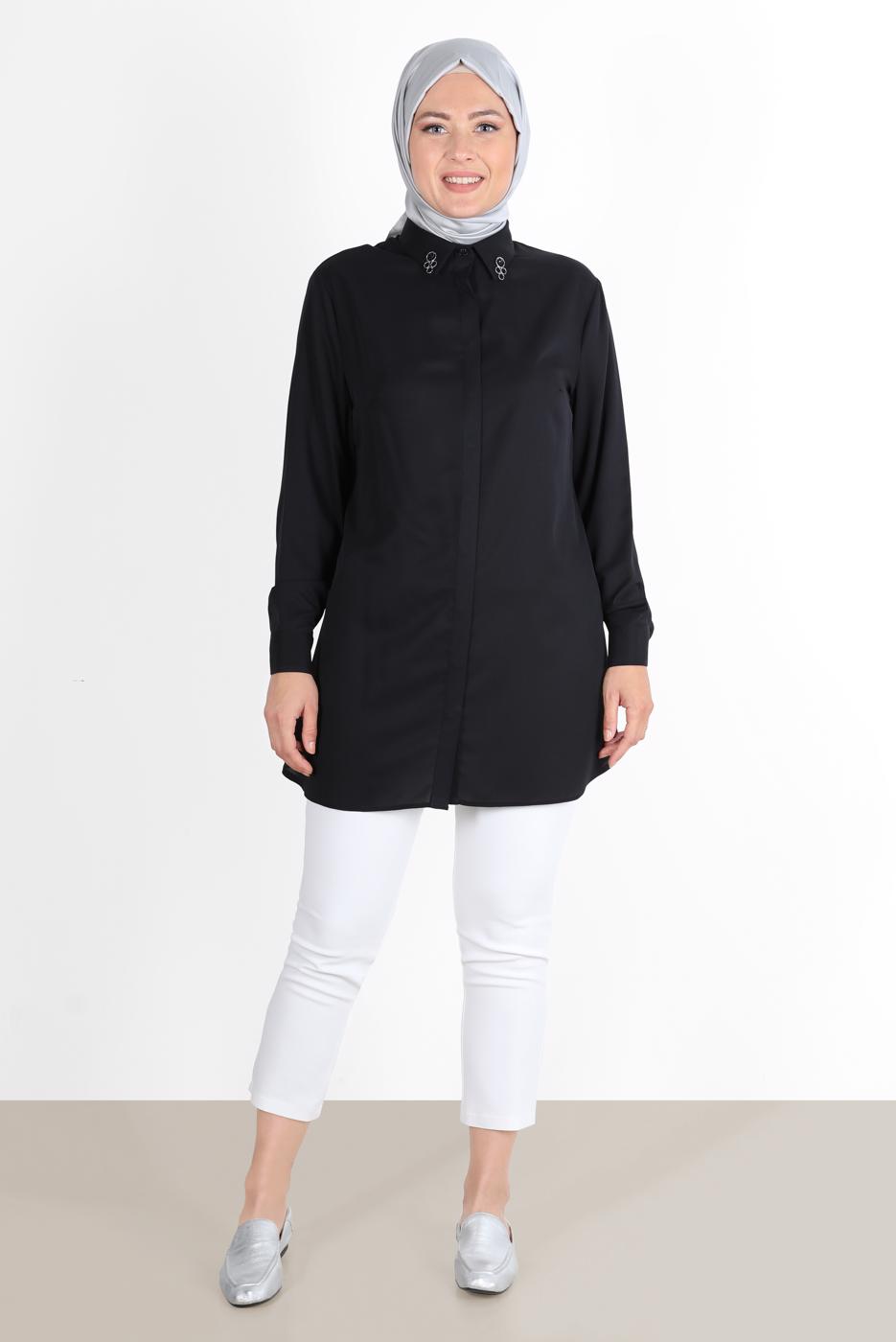 Tesettür giyim SİYAH ALVİNA YAKASI TAŞ DETAYLI TUNİK 2860 