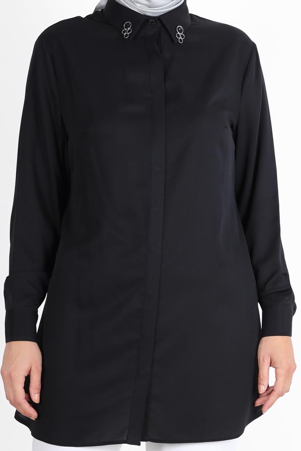 Vêtements hijab NOIR ALVİNA TUNIQUE AVEC COL DÉTAIL GEM 2860 - TRENDTESETTÜR
