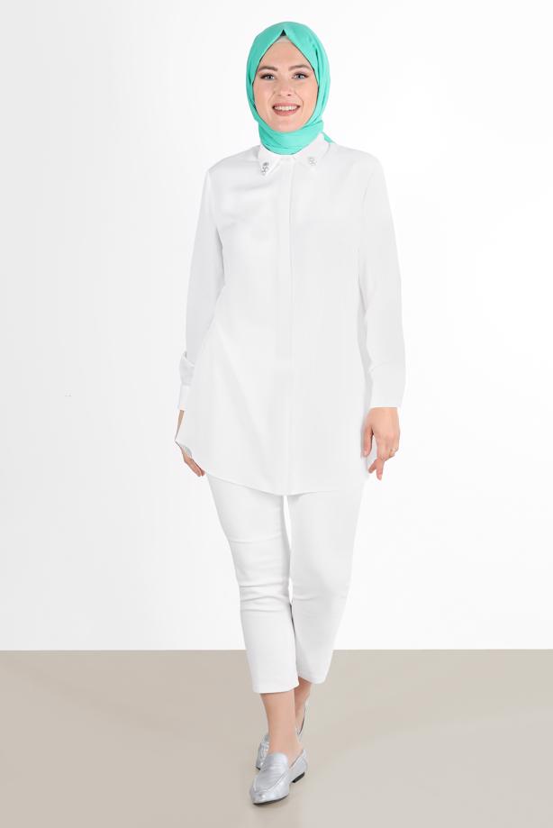 Vêtements hijab CRÈME ALVİNA TUNIQUE AVEC COL DÉTAIL GEM 2860 - TRENDTESETTÜR