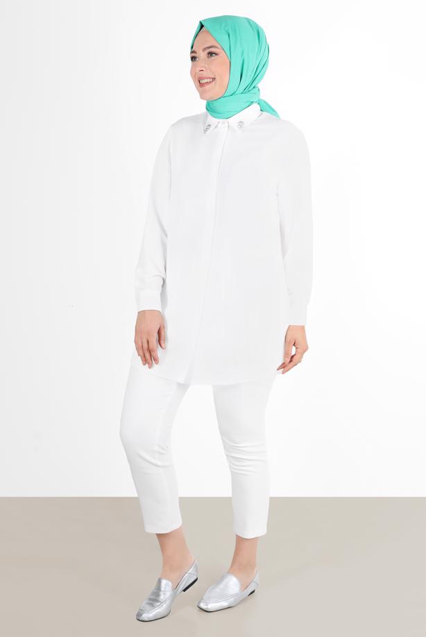 Vêtements hijab CRÈME ALVİNA TUNIQUE AVEC COL DÉTAIL GEM 2860 - TRENDTESETTÜR