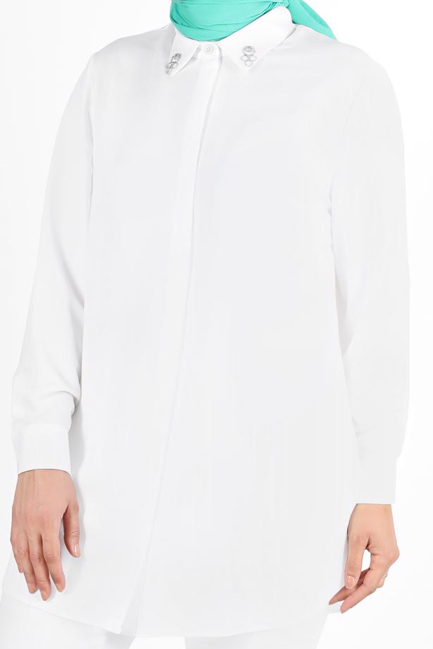 Vêtements hijab CRÈME ALVİNA TUNIQUE AVEC COL DÉTAIL GEM 2860 - TRENDTESETTÜR