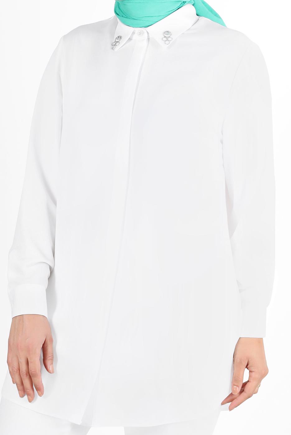 Tesettür giyim KREM ALVİNA YAKASI TAŞ DETAYLI TUNİK 2860 