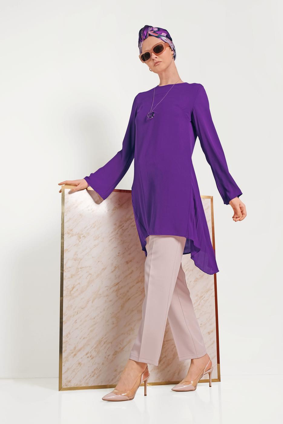 Tesettür giyim MOR ALVİNA PLİSE DETAYLI ASİMETRİK KESİM TUNİK 40443 