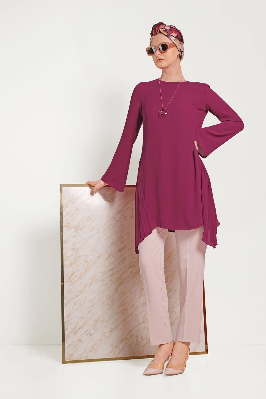 Tesettür giyim MOR ALVİNA PLİSE DETAYLI ASİMETRİK KESİM TUNİK 40443 