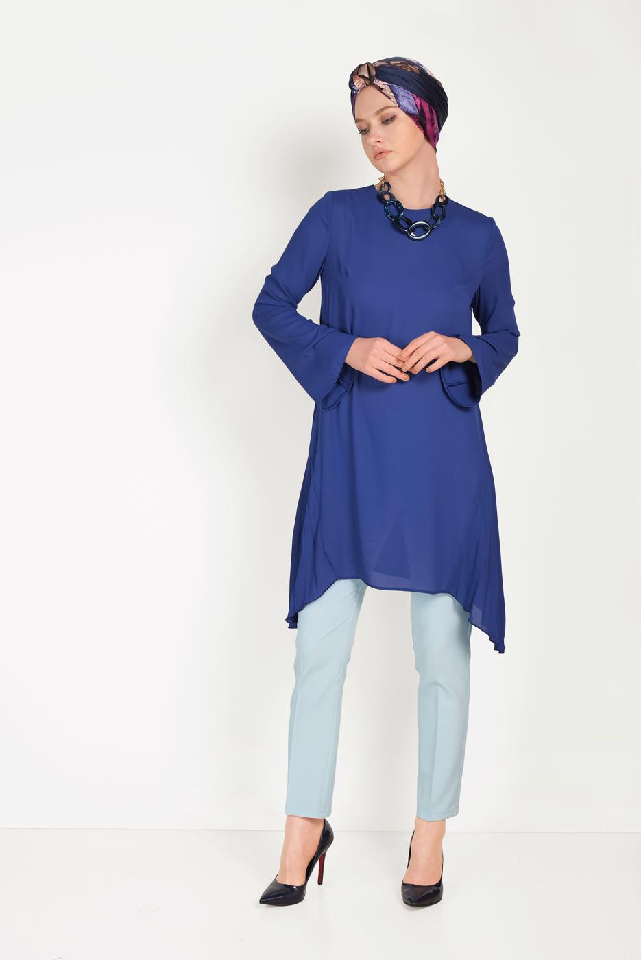 Tesettür giyim LACİVERT ALVİNA PLİSE DETAYLI ASİMETRİK KESİM TUNİK 40443 
