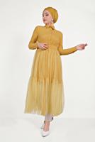 Tesettür giyim TURUNCU ALVİNA ETEK UCU TÜL DETAYLI DÜĞMELİ TUNİK 40491 