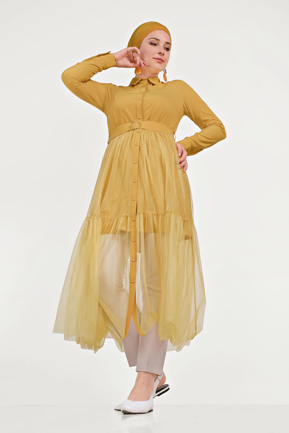 Tesettür giyim TURUNCU ALVİNA ETEK UCU TÜL DETAYLI DÜĞMELİ TUNİK 40491 