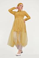 Tesettür giyim TURUNCU ALVİNA ETEK UCU TÜL DETAYLI DÜĞMELİ TUNİK 40491 