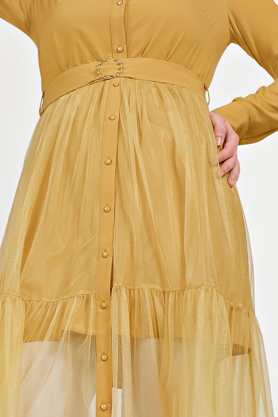 Tesettür giyim TURUNCU ALVİNA ETEK UCU TÜL DETAYLI DÜĞMELİ TUNİK 40491 