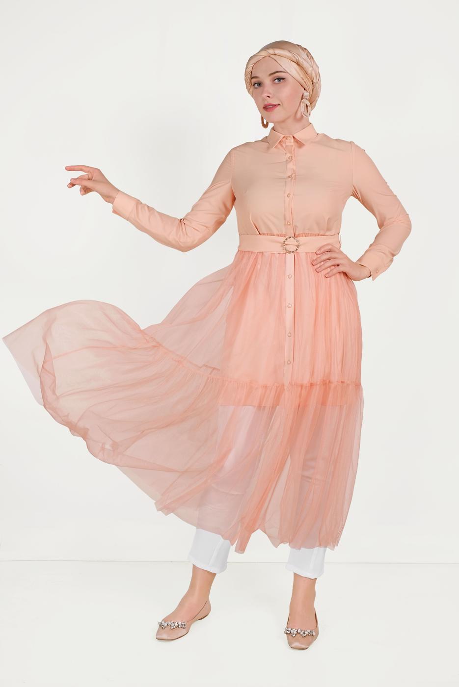 Tesettür giyim PUDRA ALVİNA ETEK UCU TÜL DETAYLI DÜĞMELİ TUNİK 40491 