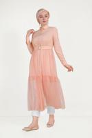 Tesettür giyim PUDRA ALVİNA ETEK UCU TÜL DETAYLI DÜĞMELİ TUNİK 40491 