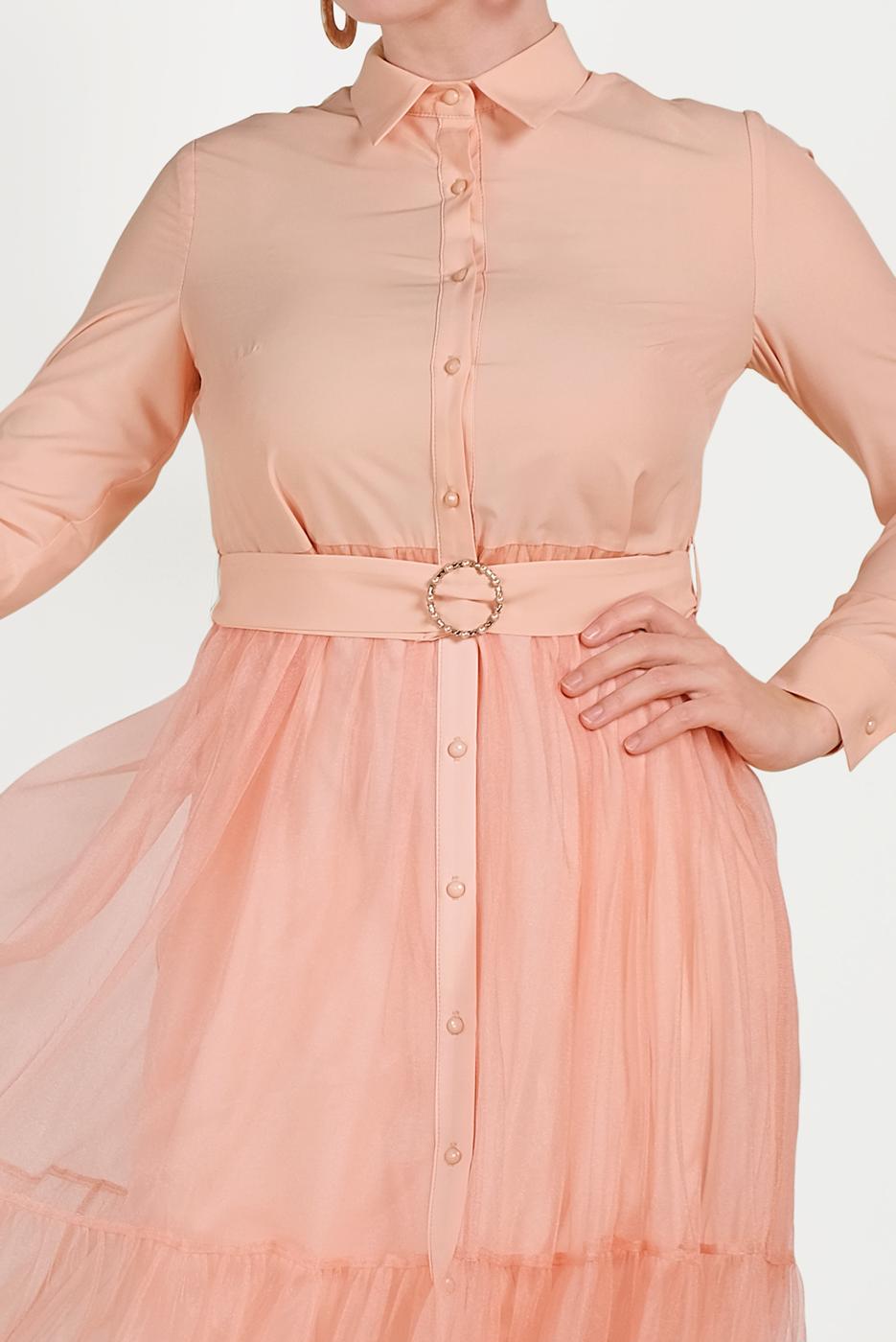 Tesettür giyim PUDRA ALVİNA ETEK UCU TÜL DETAYLI DÜĞMELİ TUNİK 40491 