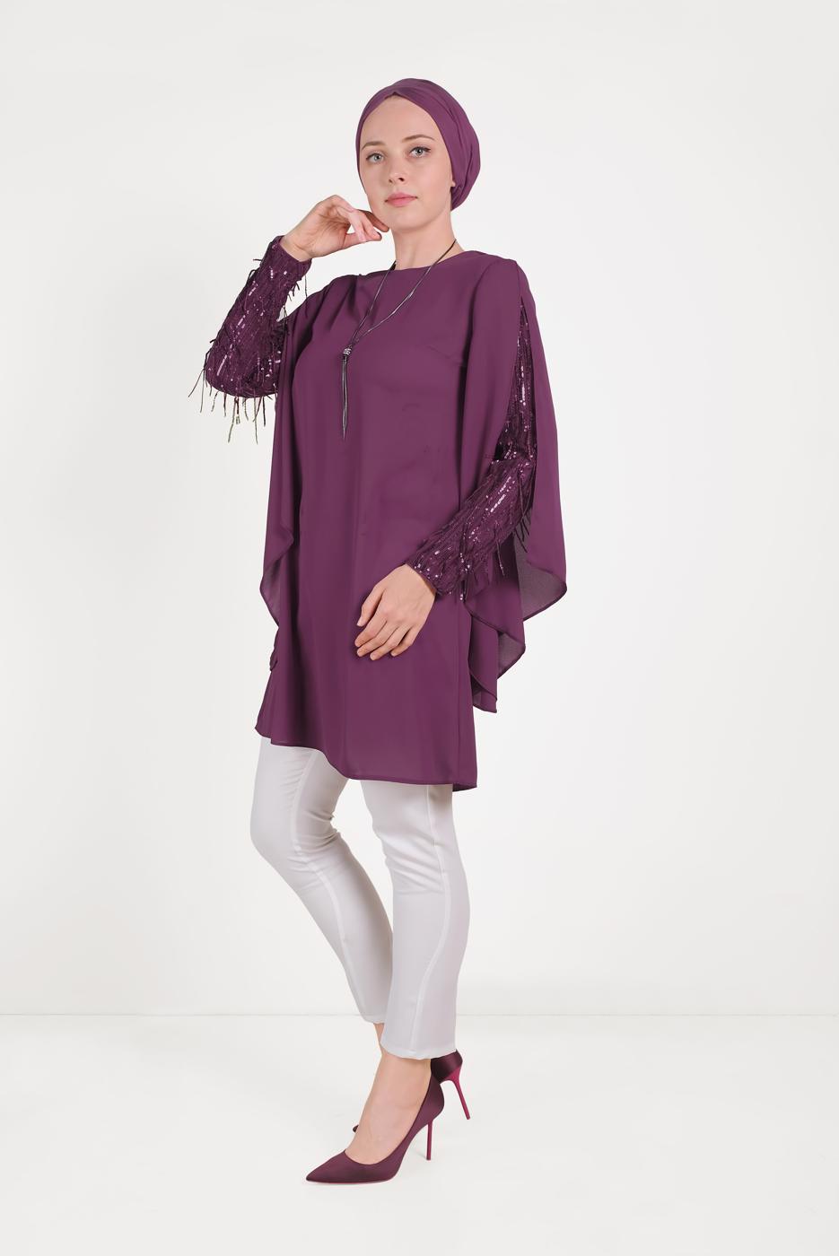 Tesettür giyim MÜRDÜM ALVİNA KOLLARI PÜSKÜLLÜ TUNİK 40562 