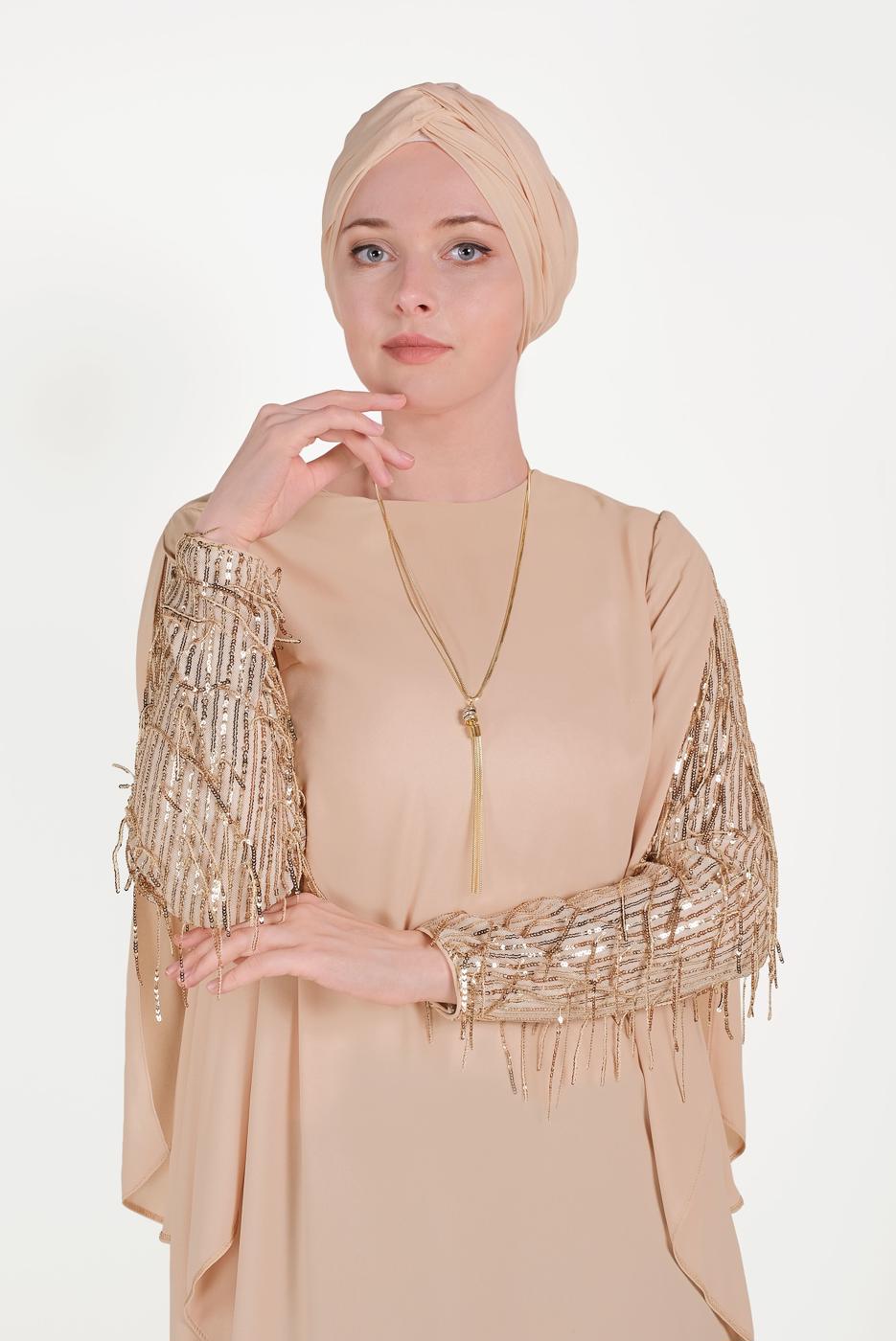 Tesettür giyim KREM ALVİNA KOLLARI PÜSKÜLLÜ TUNİK 40562 