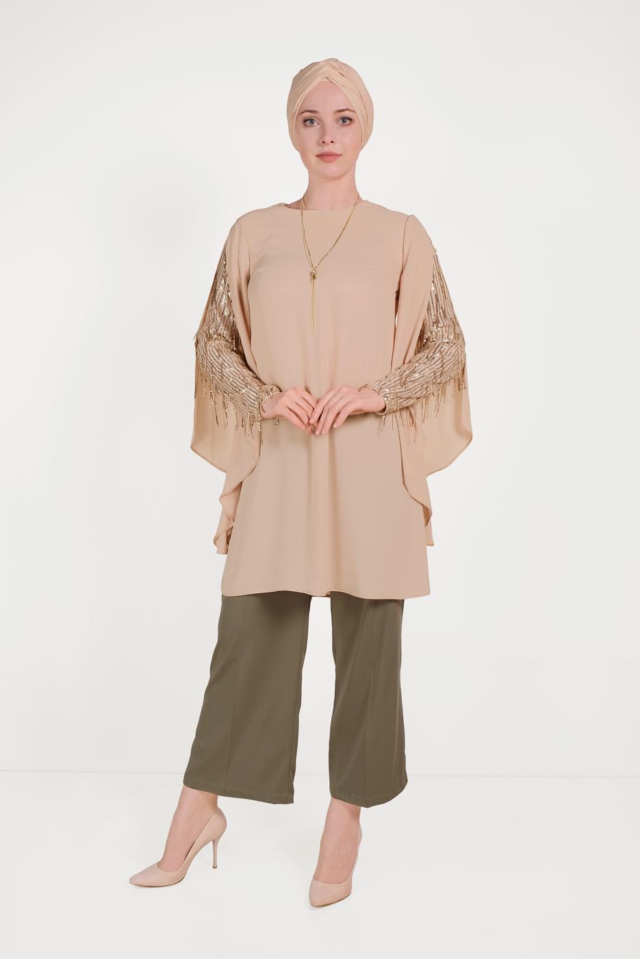 Tesettür giyim KREM ALVİNA KOLLARI PÜSKÜLLÜ TUNİK 40562 