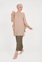 Tesettür giyim KREM ALVİNA KOLLARI PÜSKÜLLÜ TUNİK 40562 