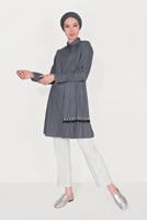 Tesettür giyim GRİ ALVİNA NAKIŞ DETAYLI DÜĞMELİ PAMUKLU TUNİK 40593 