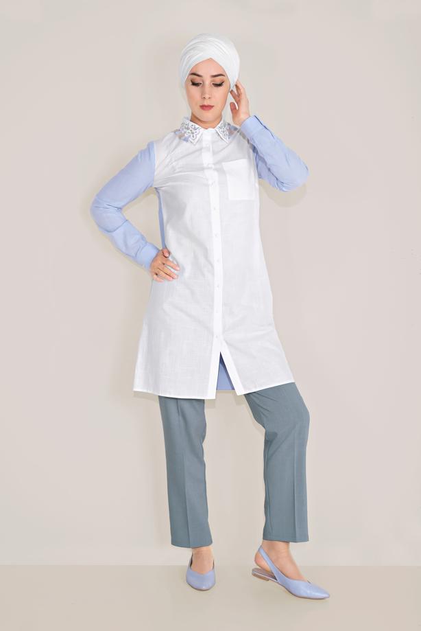 Tesettür giyim  ALVİNA PAMUKLU NAKIŞLI YAKA TUNİK T 40596 - TRENDTESETTÜR