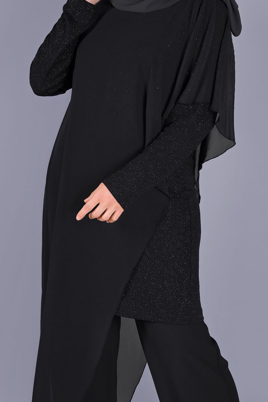Tesettür giyim SİYAH ALVİNA VOLANLI SİMLİ TUNİK T 40859
