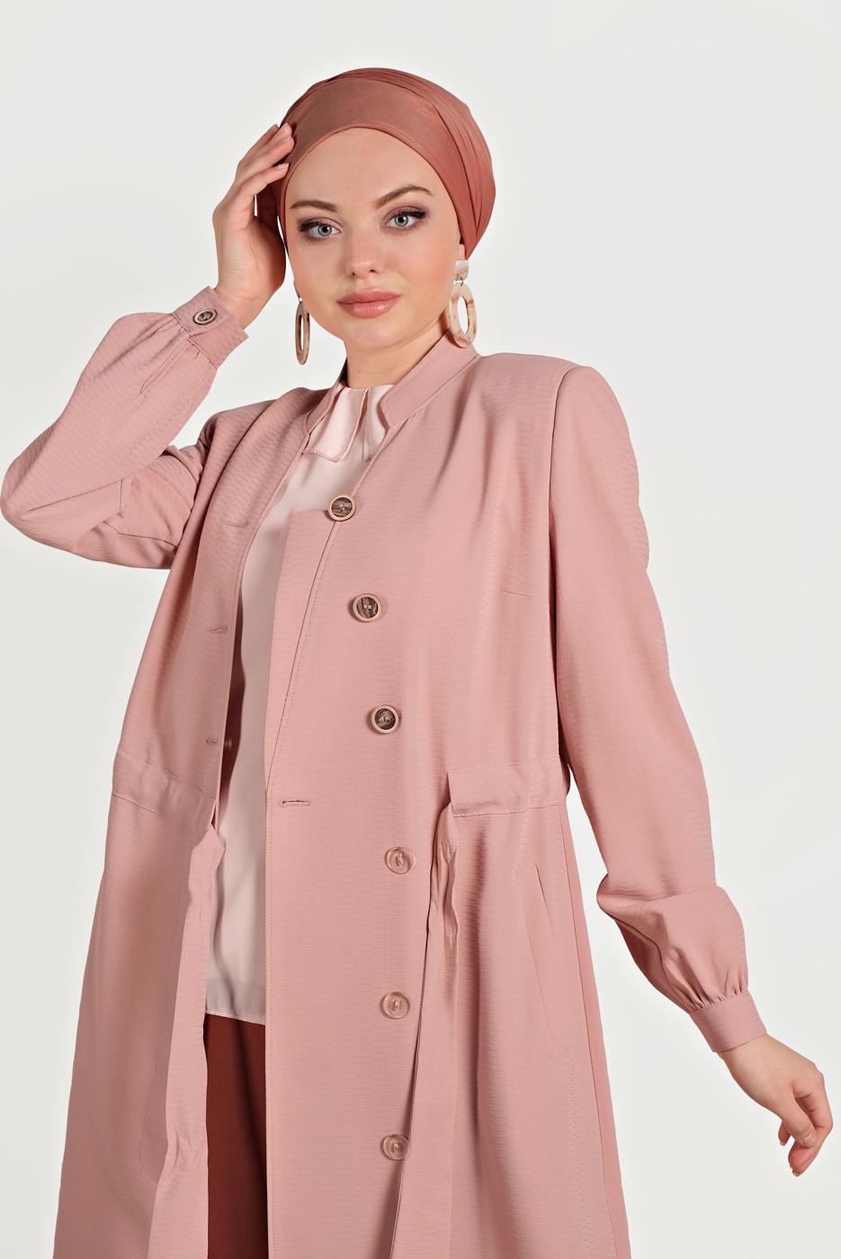 Tesettür giyim PUDRA ALVİNA DÜĞMELİ TRENÇKOT 10171 