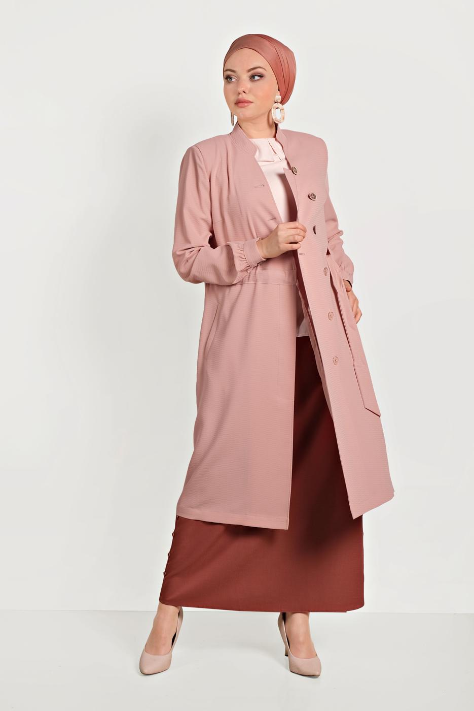 Tesettür giyim PUDRA ALVİNA DÜĞMELİ TRENÇKOT 10171 