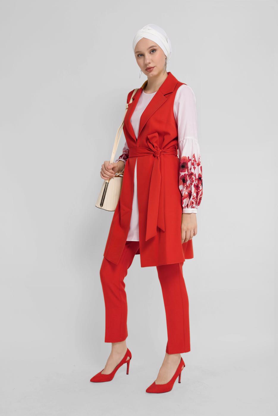 Tesettür giyim KIRMIZI ALVİNA ÇİÇEK DESENLİ ÜÇLÜ PANT. TAKIM 30042 