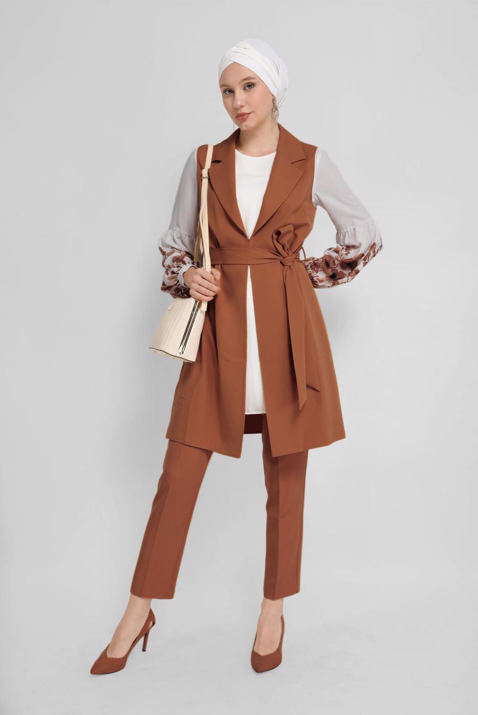 Tesettür giyim TABA ALVİNA ÇİÇEK DESENLİ ÜÇLÜ PANT. TAKIM 30042 