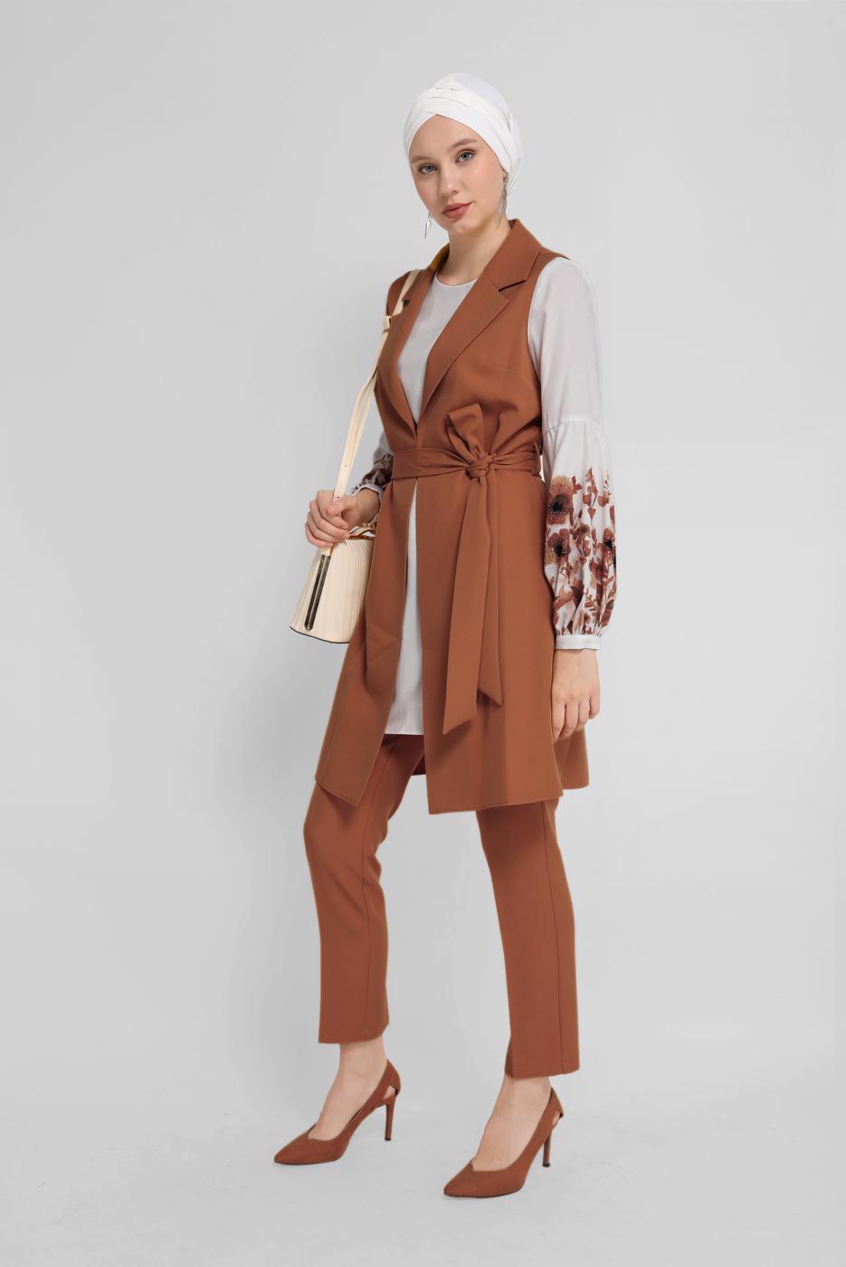 Tesettür giyim TABA ALVİNA ÇİÇEK DESENLİ ÜÇLÜ PANT. TAKIM 30042 