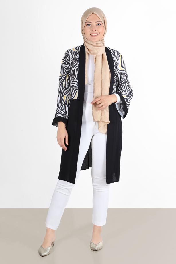 Vêtements hijab JAUNE ALVİNA ZEBRA MOTIF GILET 20072 - TRENDTESETTÜR