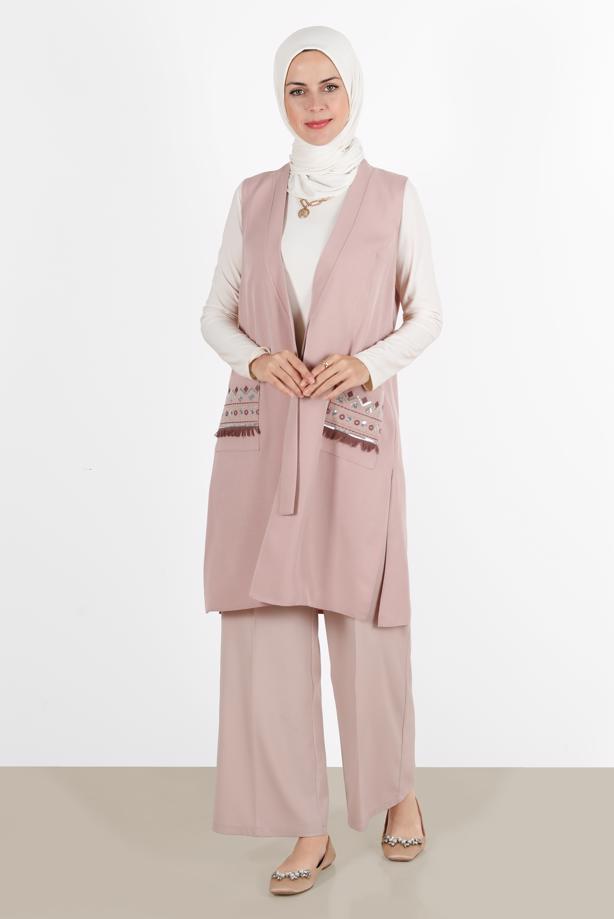Vêtements hijab POUDRE ALVİNA GILET AVEC POCHE BRODÉE 40848 - TRENDTESETTÜR