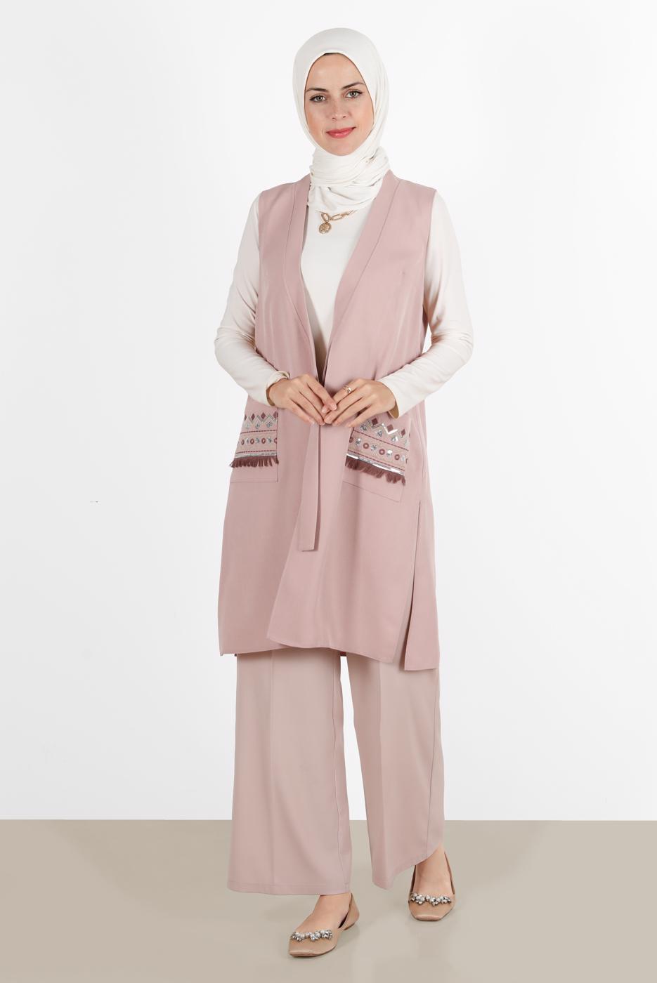Vêtements hijab POUDRE ALVİNA GILET AVEC POCHE BRODÉE 40848