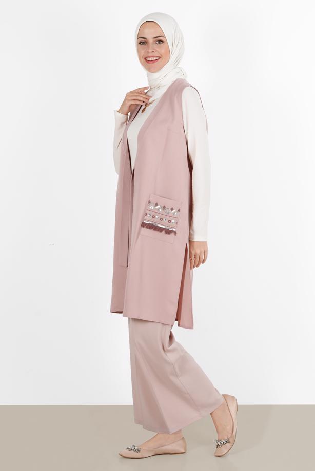 Vêtements hijab POUDRE ALVİNA GILET AVEC POCHE BRODÉE 40848 - TRENDTESETTÜR