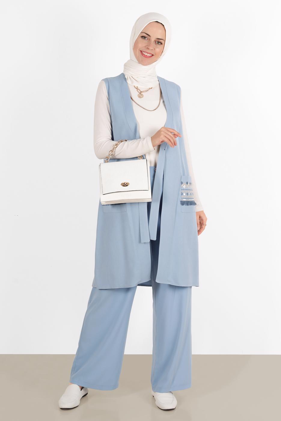Vêtements hijab BLEU ALVİNA GILET AVEC POCHE BRODÉE 40848