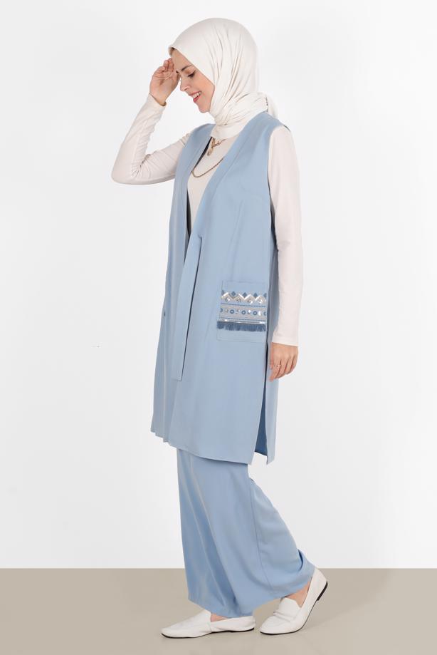 Vêtements hijab BLEU ALVİNA GILET AVEC POCHE BRODÉE 40848 - TRENDTESETTÜR