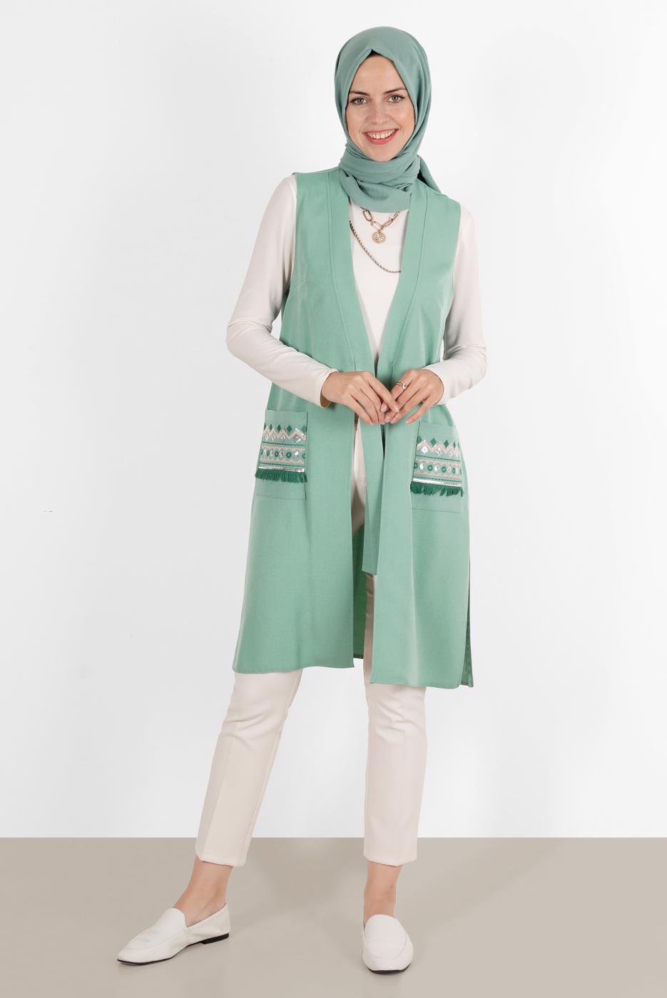 Vêtements hijab VERT ALVİNA GILET AVEC POCHE BRODÉE 40848