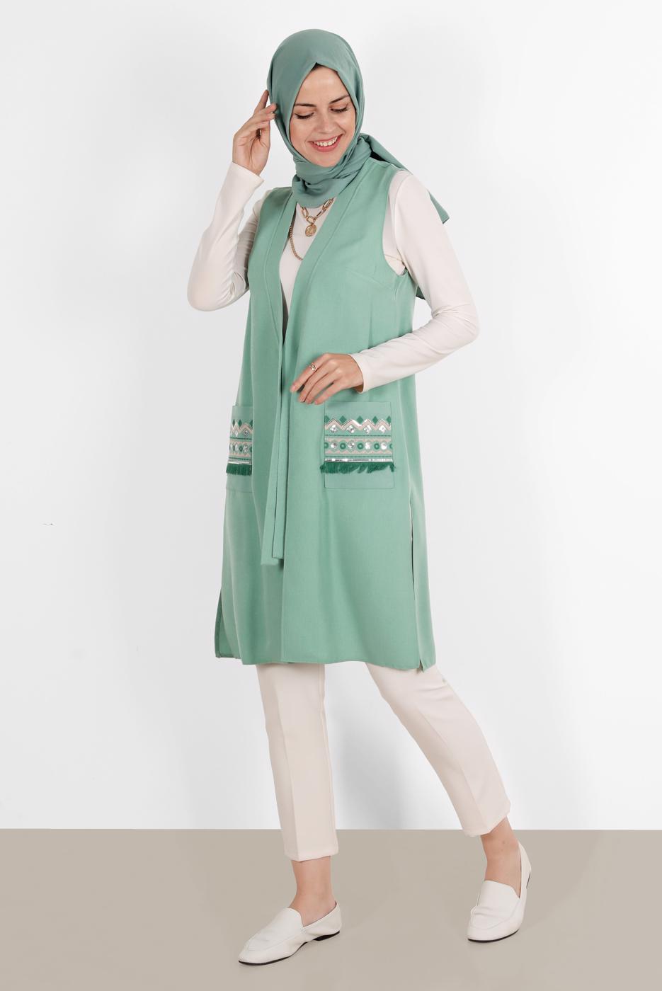 Vêtements hijab VERT ALVİNA GILET AVEC POCHE BRODÉE 40848