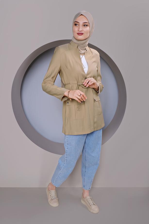 Vêtements hijab BRUN ALVINA VESTE CEINTURÉE AVEC POCHE DÉTAIL T 41425 - TRENDTESETTÜR