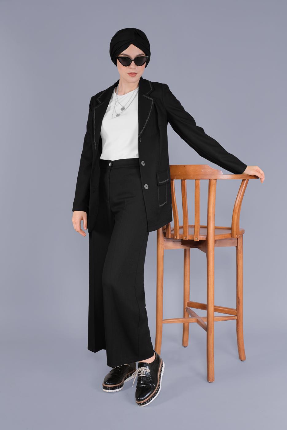 Tesettür giyim SİYAH ALVİNA KRUVAZE YAKA CEPLİ CEKET T 41448