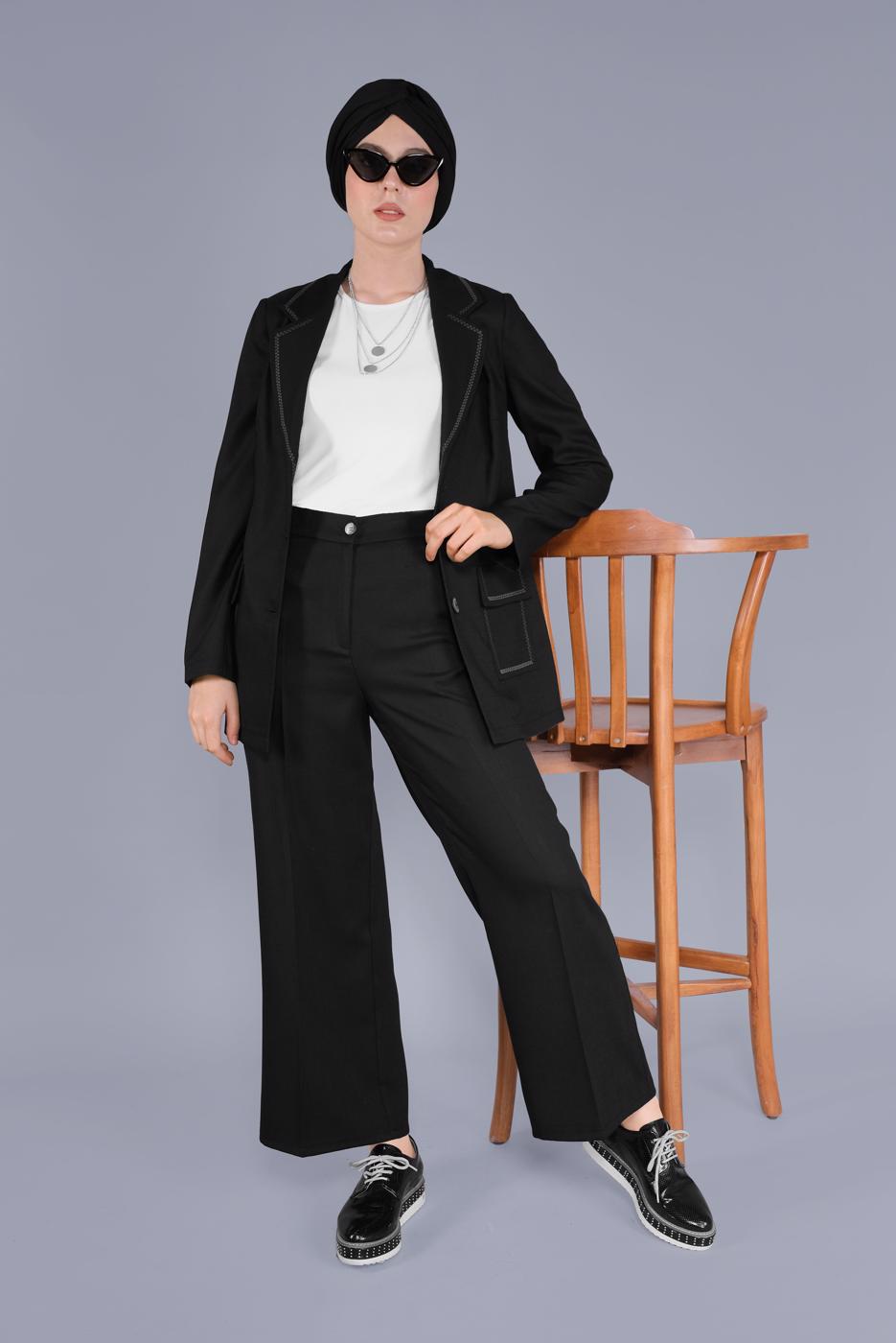 Tesettür giyim SİYAH ALVİNA KRUVAZE YAKA CEPLİ CEKET T 41448