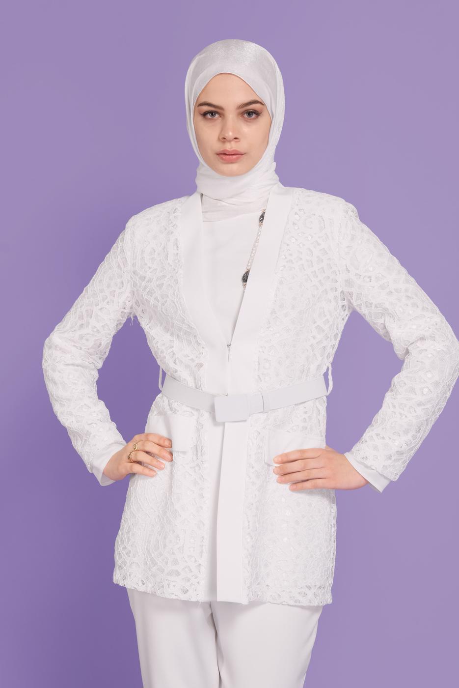 Tesettür giyim KREM ALVİNA GÜPÜR DETAYLI CEKET T 41470