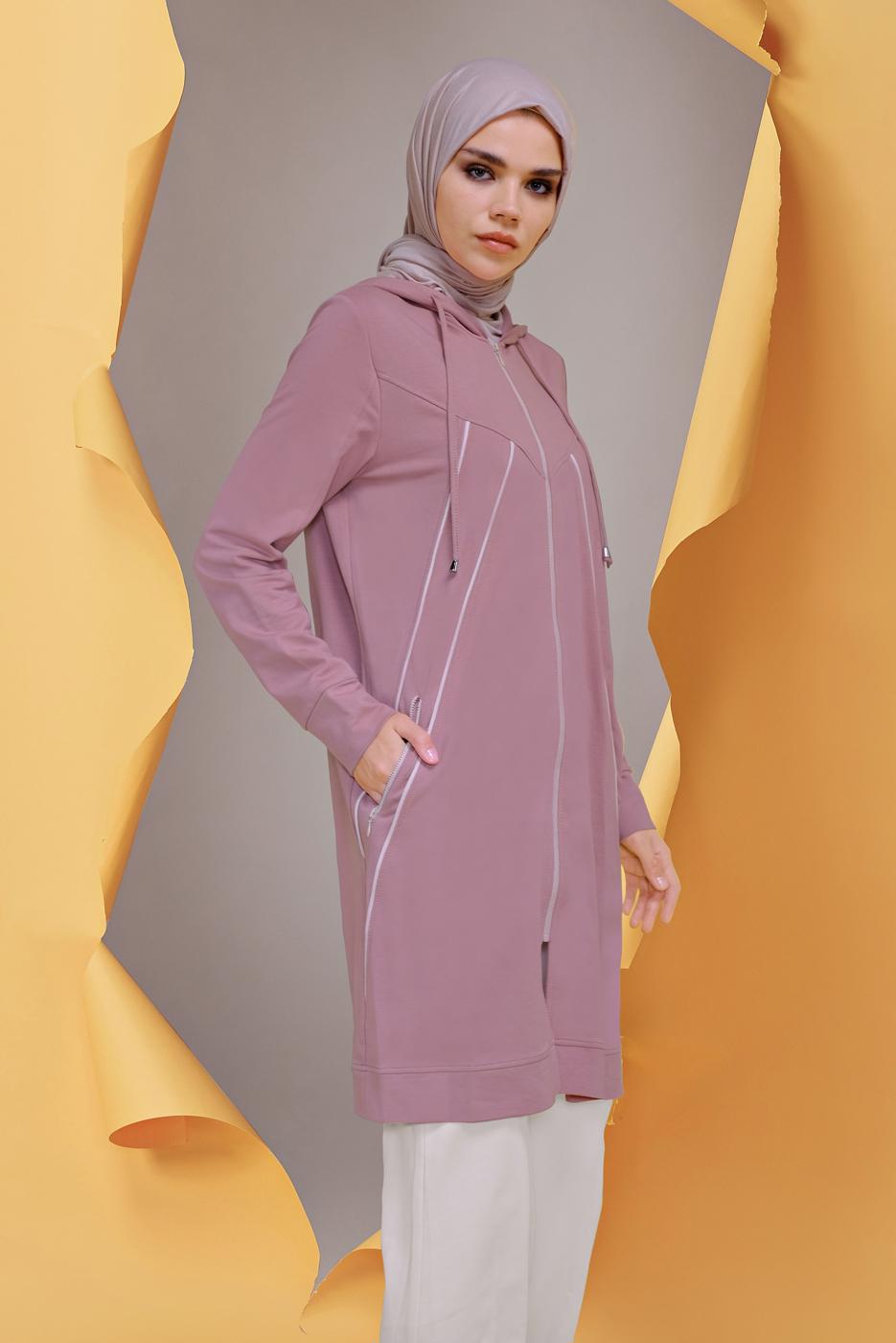 Tesettür giyim PEMBE ALVİNA KAPÜŞONLU İKİLİ PANTOLONLU EŞOFMAN TAKIMI T 41649