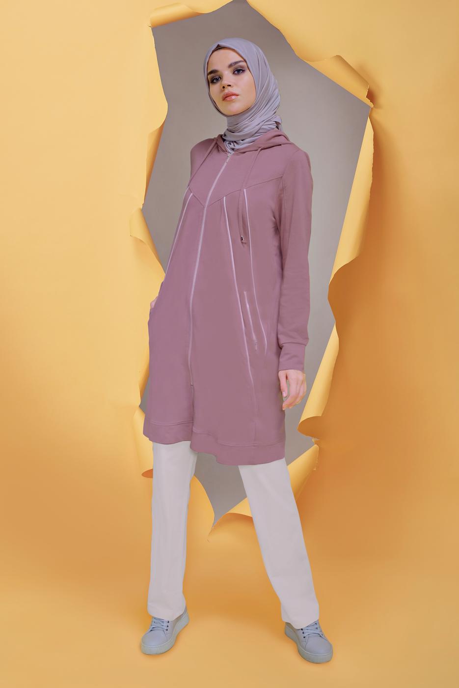 Tesettür giyim PEMBE ALVİNA KAPÜŞONLU İKİLİ PANTOLONLU EŞOFMAN TAKIMI T 41649