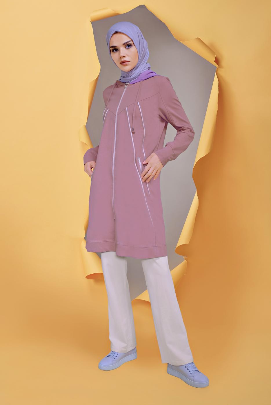 Tesettür giyim PEMBE ALVİNA KAPÜŞONLU İKİLİ PANTOLONLU EŞOFMAN TAKIMI T 41649
