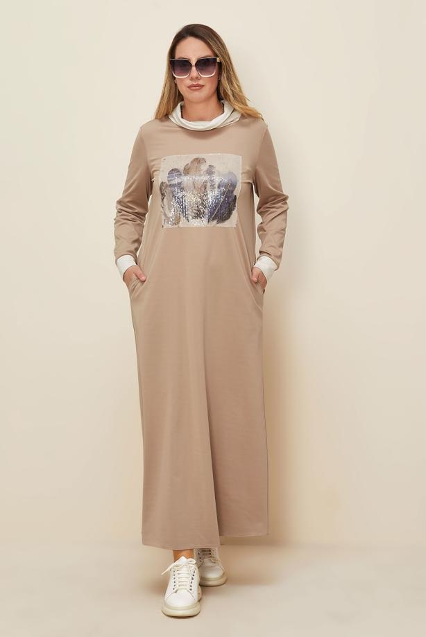 Tesettür giyim BEJ T 42436 ALV MARİON ELBİSE 40/46 TEK40 - TRENDTESETTÜR