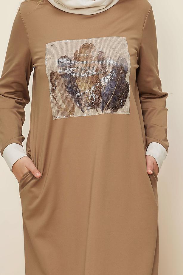 Tesettür giyim KAHVE T 42436 ALV MARİON ELBİSE 40/46 TEK40 - TRENDTESETTÜR