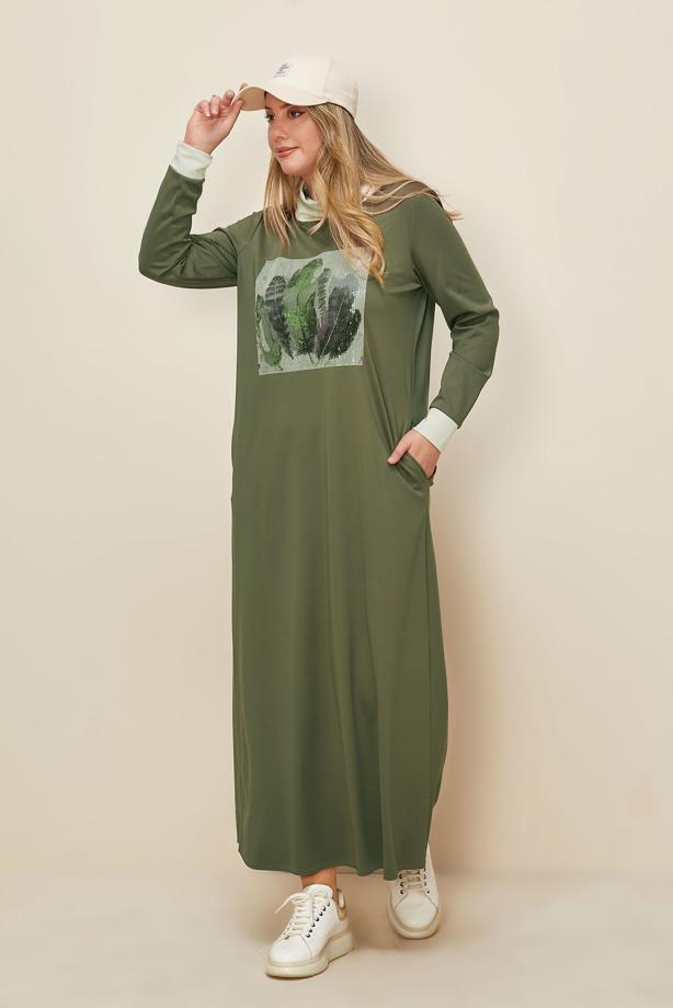 Tesettür giyim HAKİ T 42436 ALV MARİON ELBİSE 40/46 TEK40 - TRENDTESETTÜR